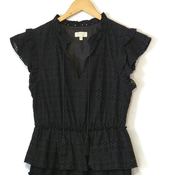 SHOL Los Angeles Eyelet Ruffle Dress Tiered Black Mini Dress Boho Party Size 14 - Picture 3 of 16